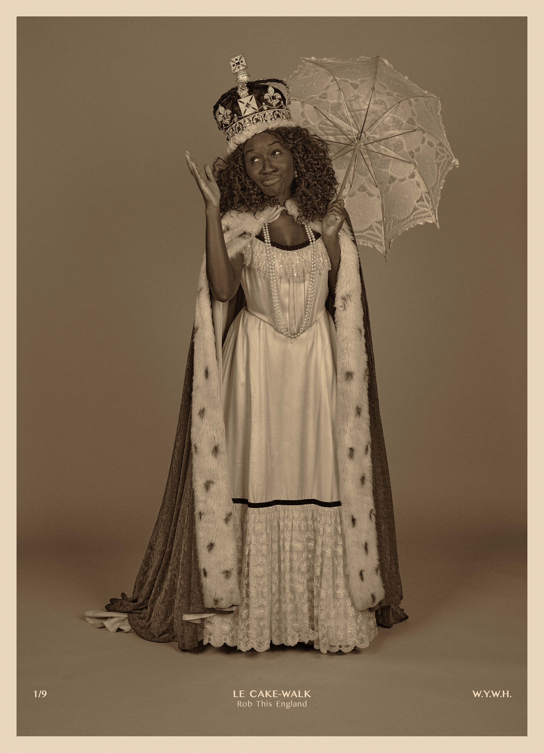 From the exhibition A Pciture of Health, Heather Agyepong is dressed in a white dress and a royal cape and crown holding a white parasol.