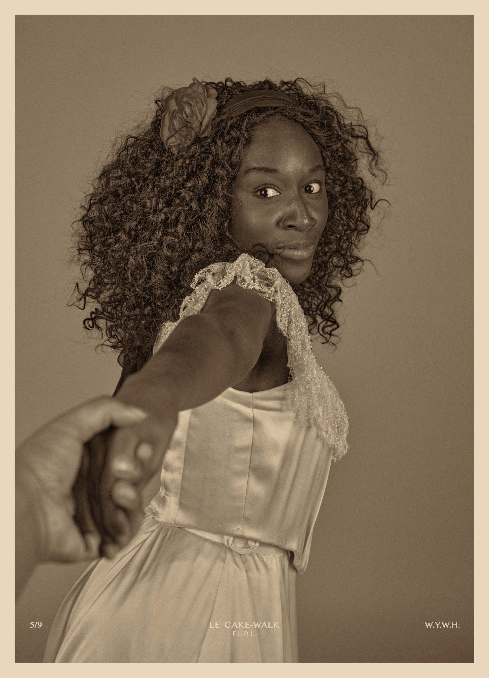 Interview image: From the exhibition A Pciture of Health, Heather Agyepong is dressed in a white dress holding hands with someone behind the camera, the image is sepia toned.