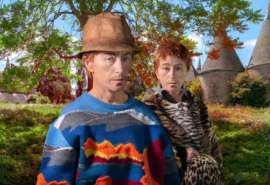 Cindy Sherman dressed as man and woman in fur coats, in front of a green farm-like area playing on Identity, Androgyny and masculinity.