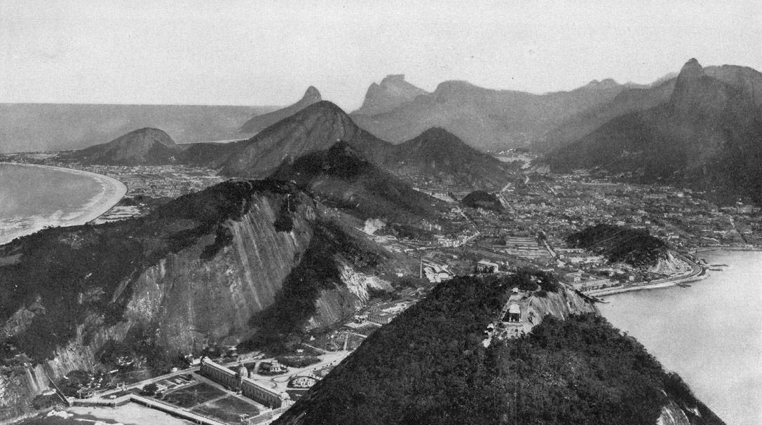 Black and white image of Botafogo bay and Copacabana when it was just a resort area, from the summit of Pão de Açucar, 1919. by Harriet Chalmers Adams