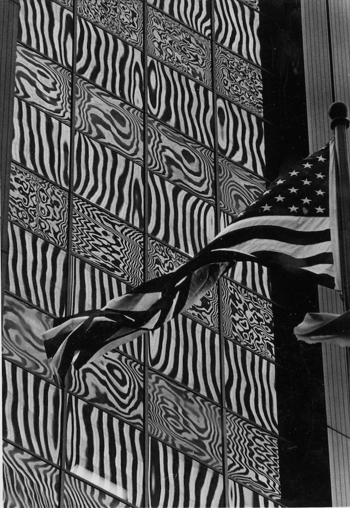Black and white photograph depicting a flag of the U.S.A. flying against a patterned background.