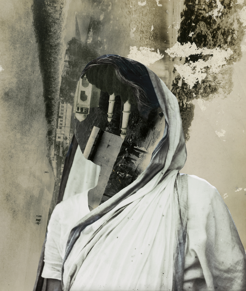 A collage image of a woman. Her face has been replaced by an architectural photograph.