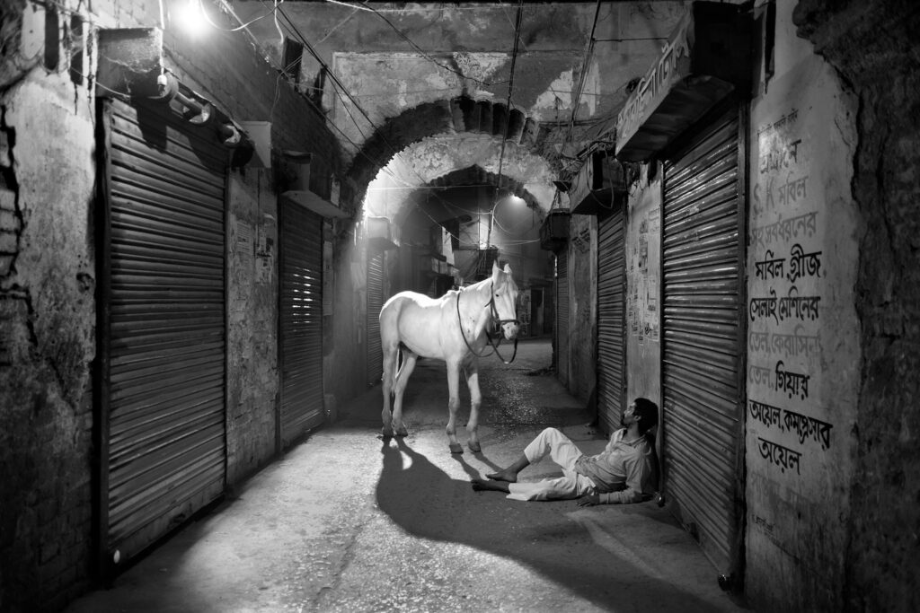Black and white image. A man reclines in an alleyway, while a white horse stands over him.