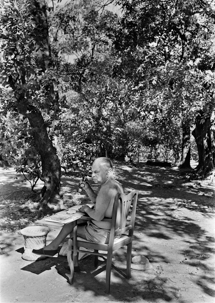 Indian writer Mulk Raj Anand sat at a bench beneath a treaa