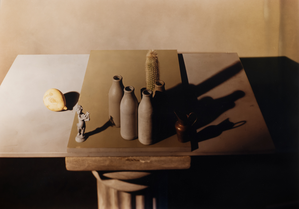 A group of brown bottles stands on a table, beside a cactus, a lemon, and a small sculpture of a cherub.