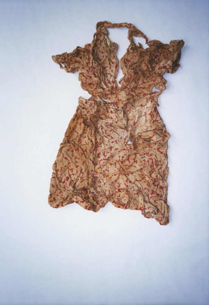 A torn, cream coloured dress with a red pattern is positioned towards the top right of the frame.
