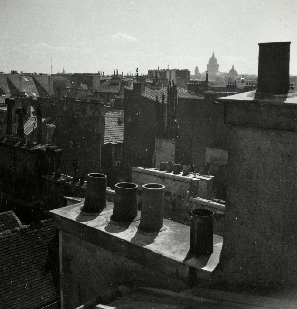 Black and white photograph depicting a landscape of chimneys and rooftops.