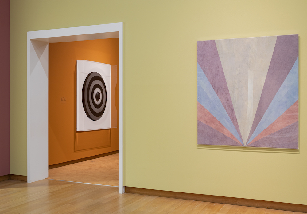 Bad Color Combos: Installation image showing a work by Yto Barrada depicting coloured triangles, and a rotating black and white disc by Elodie Pong.
