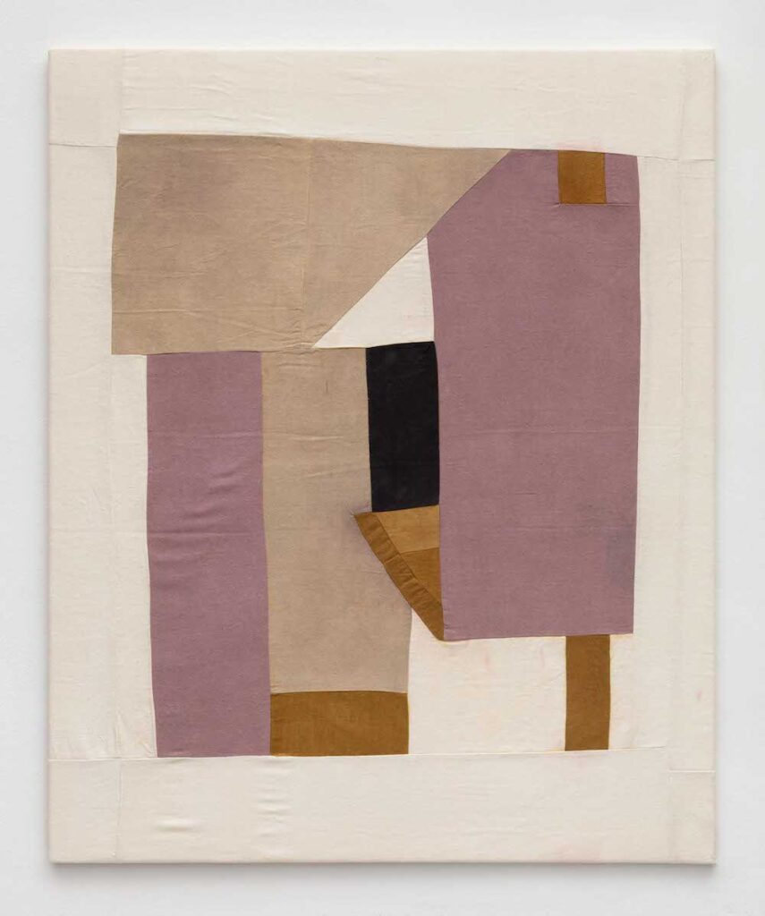 Fabric collage by Yto Barrada. Brown, pink, white, and black fabric shapes are arranged in a slightly lopsided rectangle.