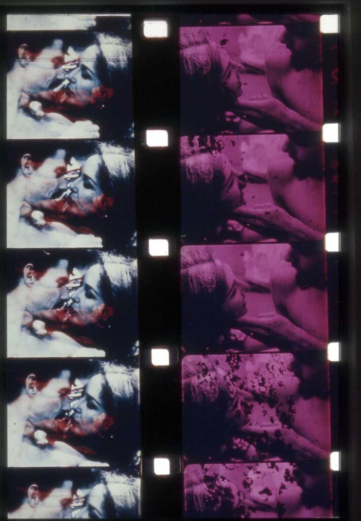 Film negatives, in white and pink, showing Carolee and her partner intimately embracing.
