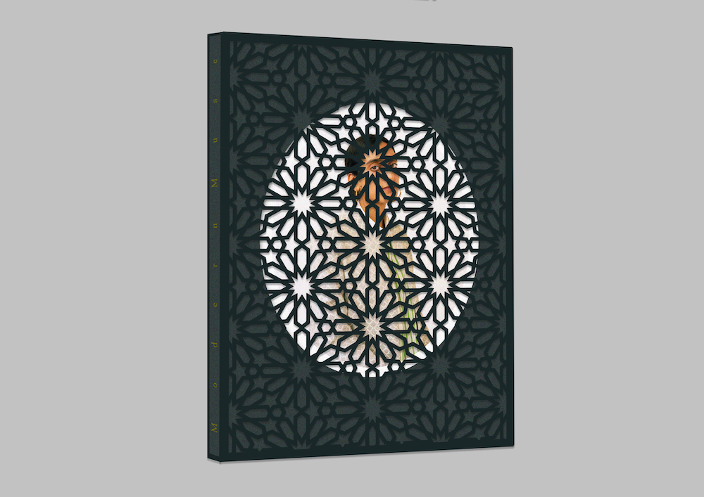 Cover of the Modern Muse book. A portrait of a young South Asian / British woman is obscured by a repeating flower pattern.