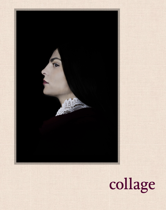 Collage cover photo. A woman is shown in profile, her dark hair and clothes blending into the black background.