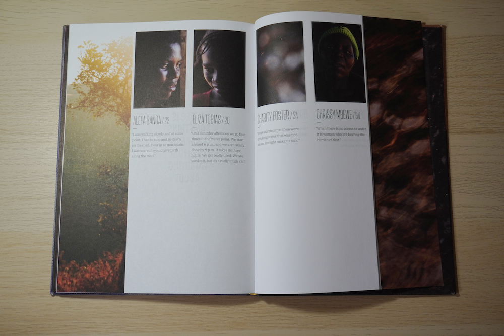 Double page spread. Portrait photographs of Malawian women, each accompanied by the person's name, age, and a short quotation.