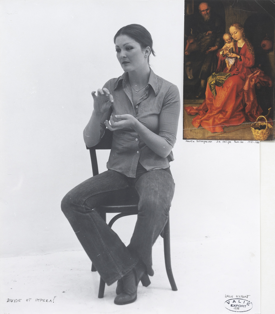 Black and white image of a woman sitting on a chair. In the top left, a coloured imaged of a painting of a woman holding a baby has been superimposed.