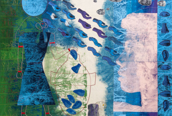Colour image showing a collage by Zohra Opoku. Silhouetted trees interweave with hands and two figures in profile (one with full body and a bird head, one a face in profile). Hieroglyphic symbols appear in the bottom right corner. The overall colour scheme is a bright blue and green, with occasional highlights of red.