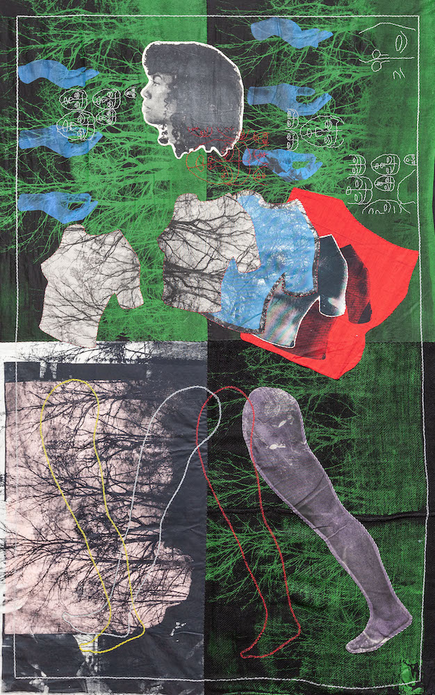 Colour image - a collage by Zohra Opoku. A body in profile is shown, separated into individual parts arranged in a human shape. Different textures and layers overlap. The background is green, with silhouetted trees, and there and patches of blue and red on the image as well as black and white photography.
