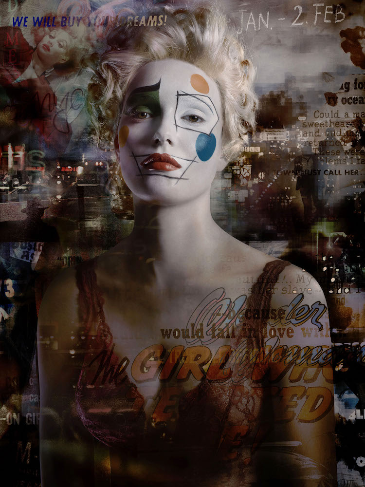 Colour image. A blonde haired woman looks into the camera, wearing makeup which resembles clown make up. (A white face, red lips, orange and blue polka dots and green eyeshadow over one eye). The image is superimposed with newspaper headlines and comic strip text, reading phrases such as 'The girl who never died' and 'we will buy your dreams!' In the top left we see the faded image of a blonde haired woman lying down.