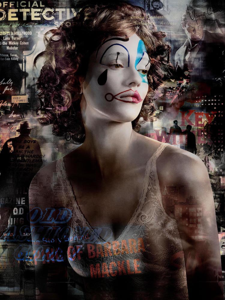 Colour image of a brunette woman wearing clown-ish make up (a white face with black, red and blue details, including a teardrop at the corner of one eye). The image is superimposed with textual ephemera showing images of detectives and city skylines.