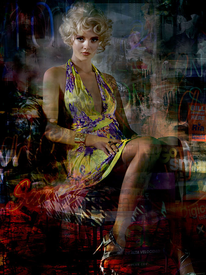 Colour image. A blonde haired woman poses, sitting in a yellow and purple dress. The image is superimposed with images of textual ephemera such as neon signs.