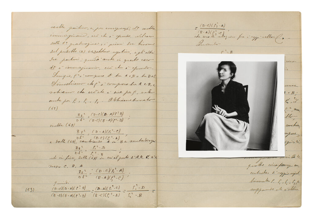 Double page spread of a lined notebook. On the right side page is a square, black and white photograph of a woman sitting on a chair.