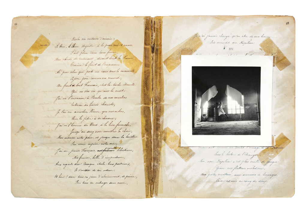 Double page spread of a lined notebook. On the right side page is a square, black and white photograph of a figure stood against a wall.