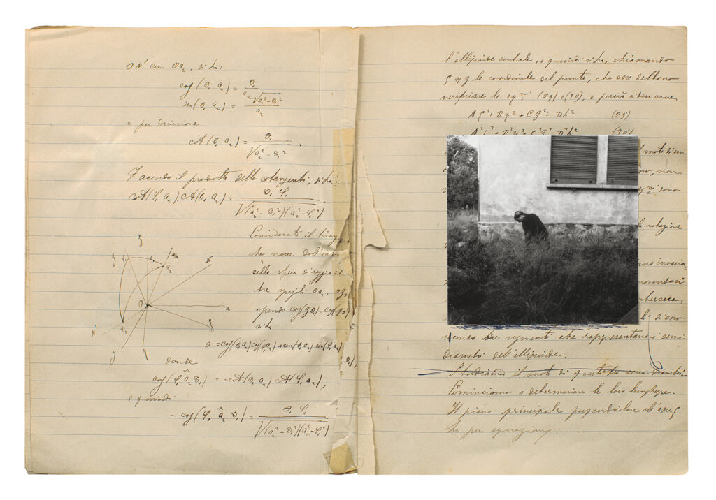 Double page spread of a lined notebook. On the right side page is a square, black and white photograph of a woman stooping in tall grass.