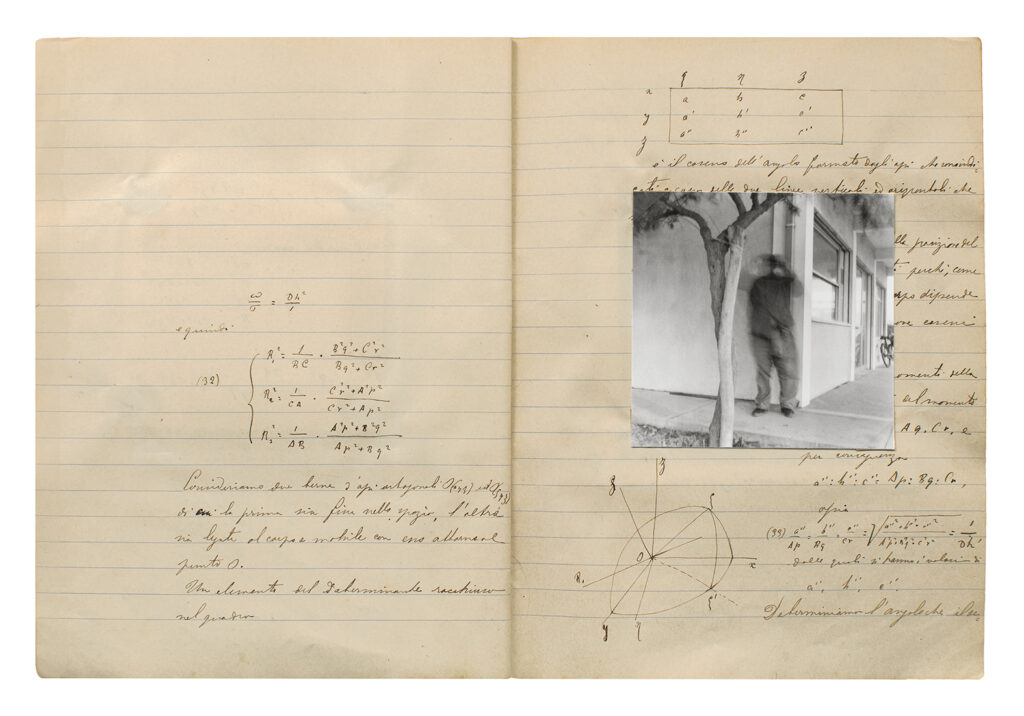 Double page spread of a lined notebook. On the right side page is a square, black and white photograph of a figure standing against the corner of a building.
