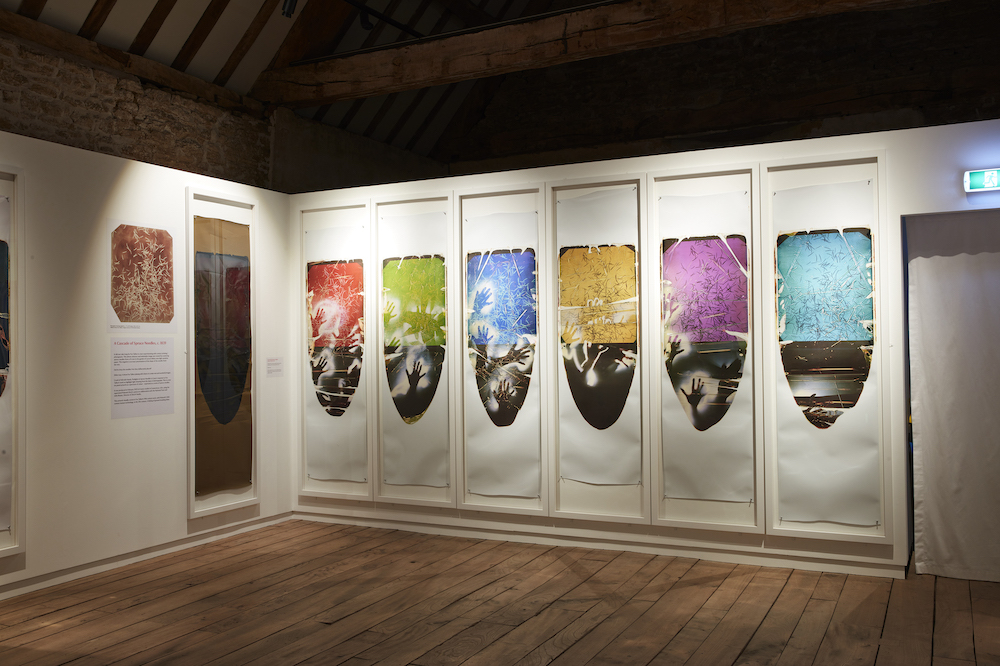 Installation image showing work by Ellen Carey on the wall of the Fox Talbot Museum.