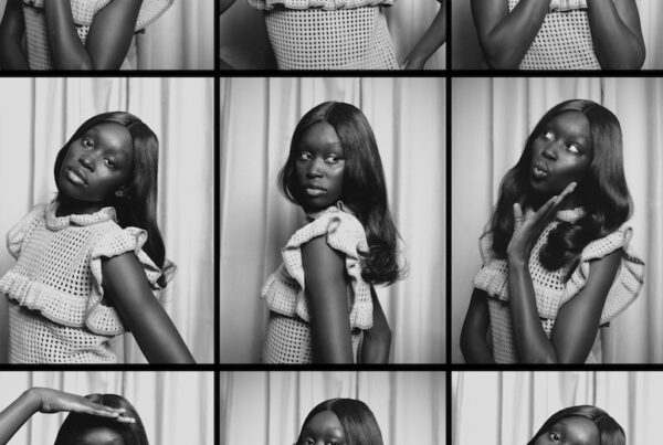 Black and white series of nine photographs. Portraits of a Black woman in various poses.