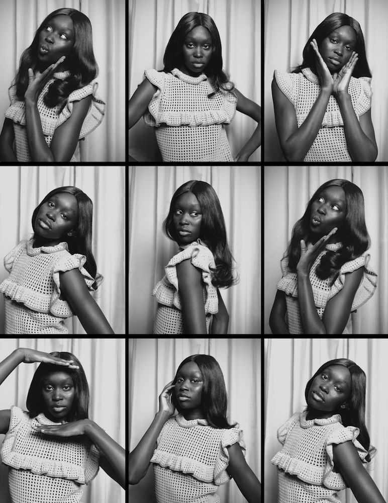 Black and white series of nine photographs. Portraits of a Black woman in various poses.