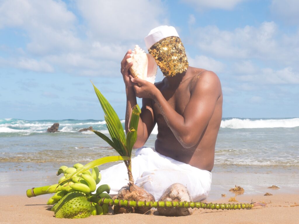 Colour photograph depicting a person sitting on a shoreline with a plant, holding a shell to their ear. Their face is covered with gold tinsel.