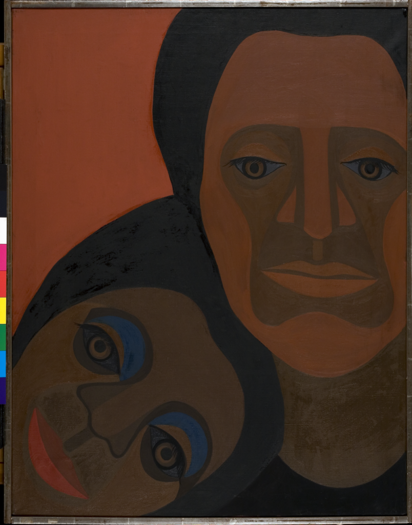 A stylised portrait painting of two Black people. One figure wears bright blue eyeshadow and red lipstick, and rests their head on the other person's shoulder.