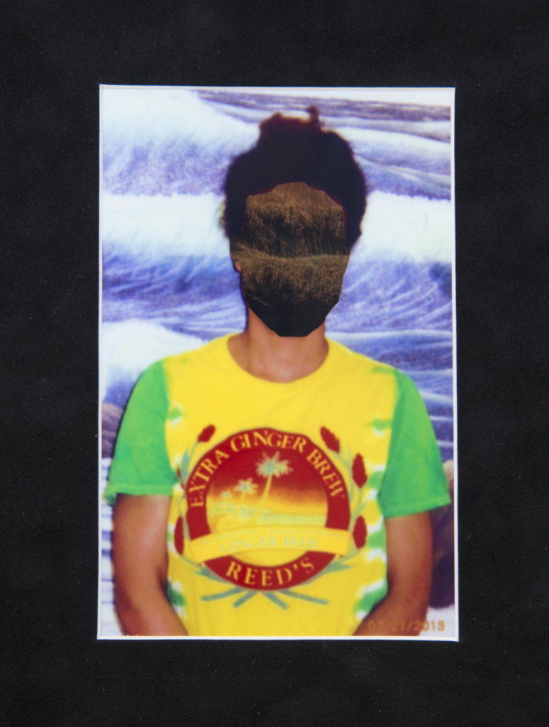 A collage image depicting a person in a yellow, red, and green t shirt which reads 'Extra Ginger Brew Reed's'. Their face has been replaced with an image of a treeline.