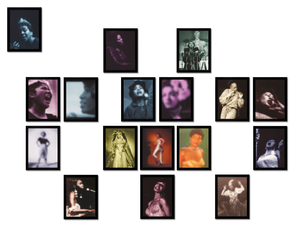 A collection of black and white and coloured images of Black performers. The prints are arranged in black frames.