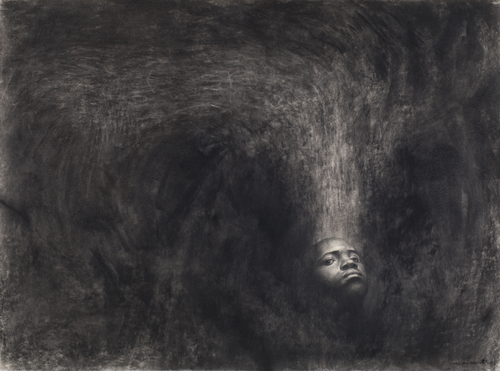 A face emerges from a storm of Black etches and scribbles.