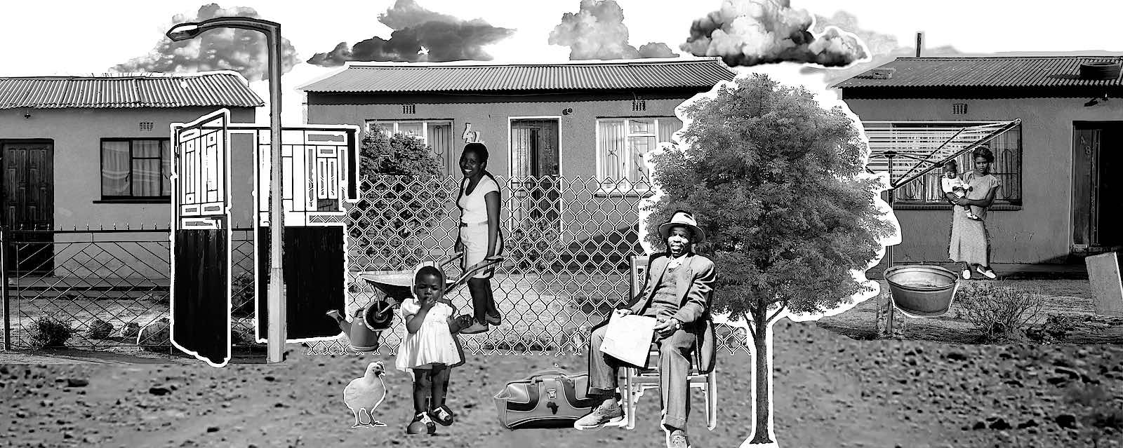 Black and white collage image of two women, one of whom is carrying a baby, a man and a small child, a tree, a streetlamp and a door in front of three houses