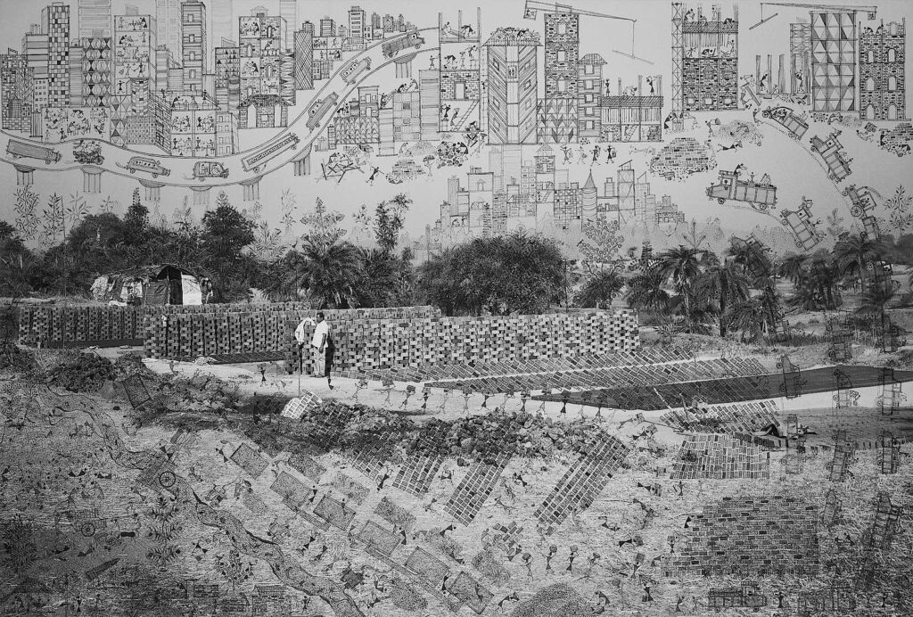 Black and white image of a person in the distance amongst fields of bricks, layered with Warli drawings over the image