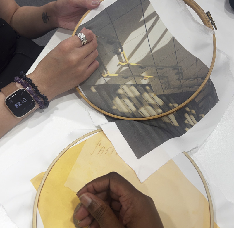 Creative workshop featuring embroidery, hands and embroidery hoops